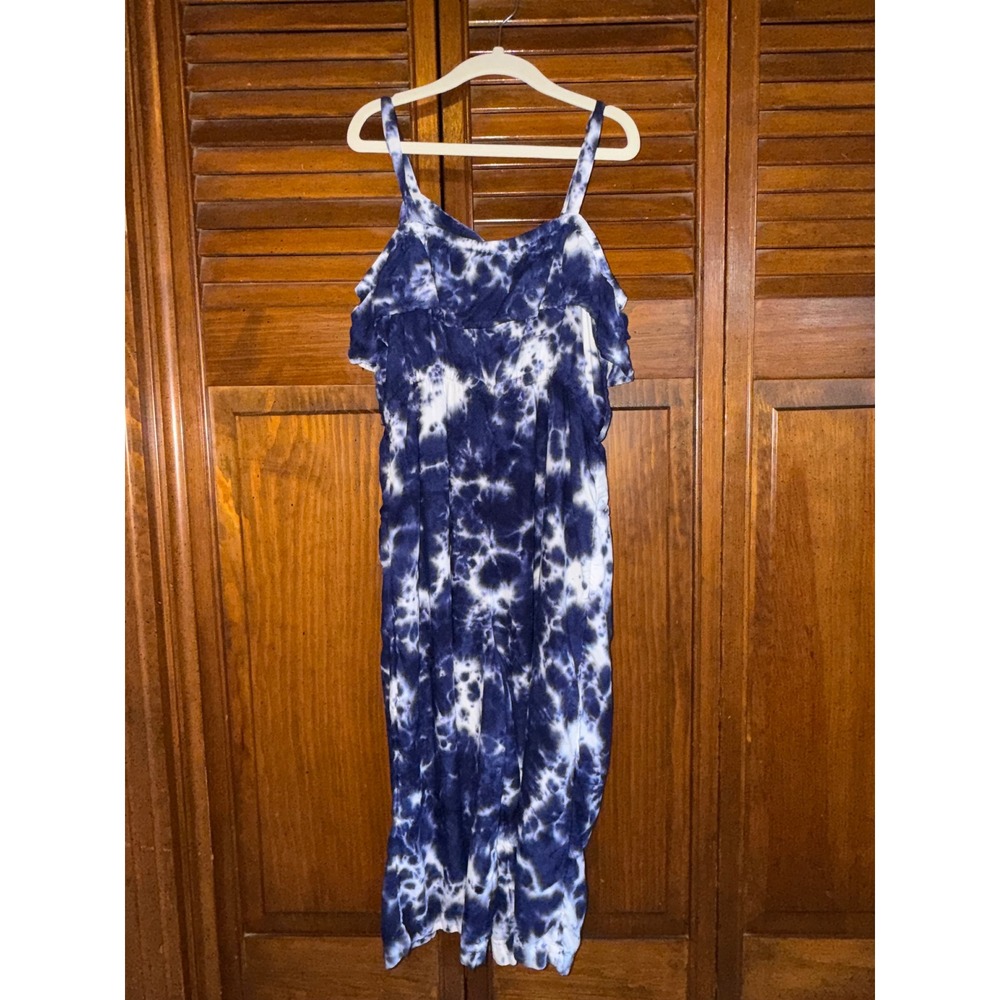 Justice Girls Blue Tie Dye Jumpsuit Ruffle Wide Leg Pocket Romper Size S 7/8